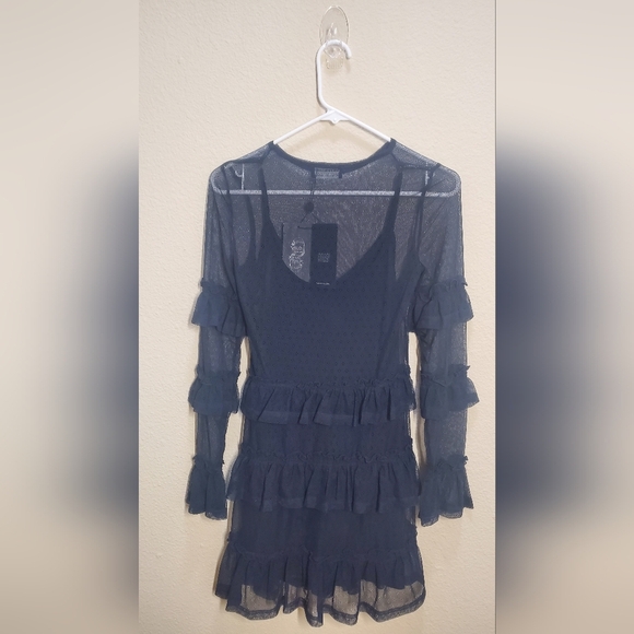 The Fifth Label Dark Blue Navy Elegant Trsnparency Black Ruffle Dress - Picture 4 of 7